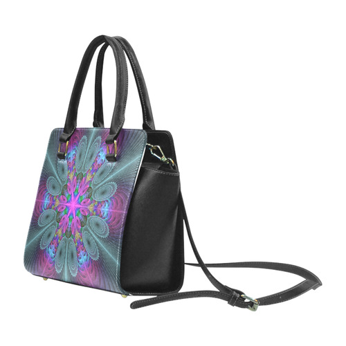 Mandala From Center Colorful Fractal Art With Pink Rivet Shoulder Handbag (Model 1645)
