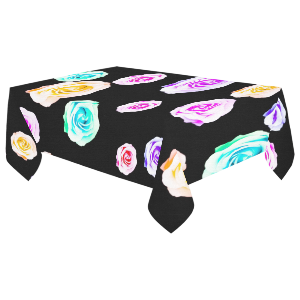 colorful roses in pink purple green yellow with black background Cotton Linen Tablecloth 60"x 104"
