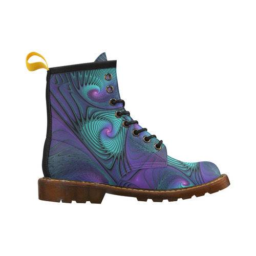 Purple meets Turquoise modern abstract Fractal Art High Grade PU Leather Martin Boots For Men Model 402H