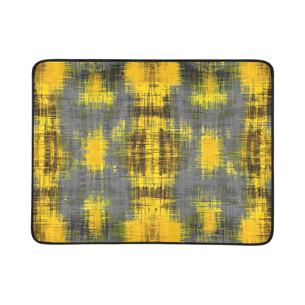 geometric plaid pattern painting abstract in yellow brown and black Beach Mat 78"x 60"