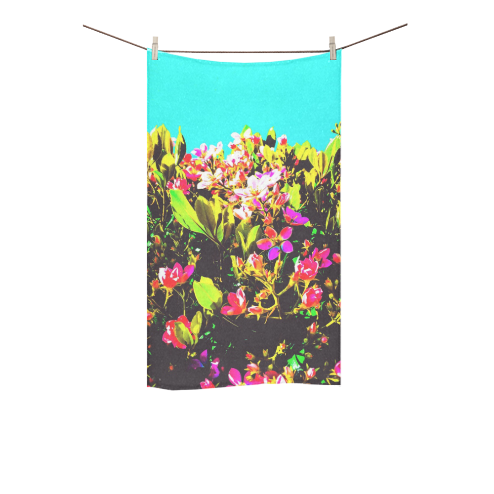 pink flowers with green leaves and blue background Custom Towel 16"x28"