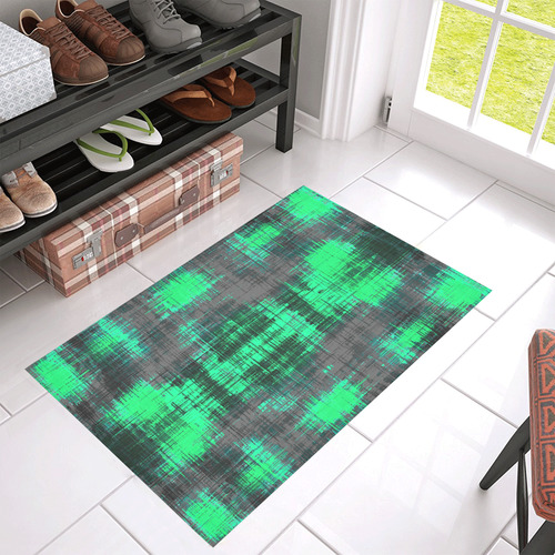 psychedelic geometric plaid abstract pattern in green and black Azalea Doormat 30" x 18" (Sponge Material)