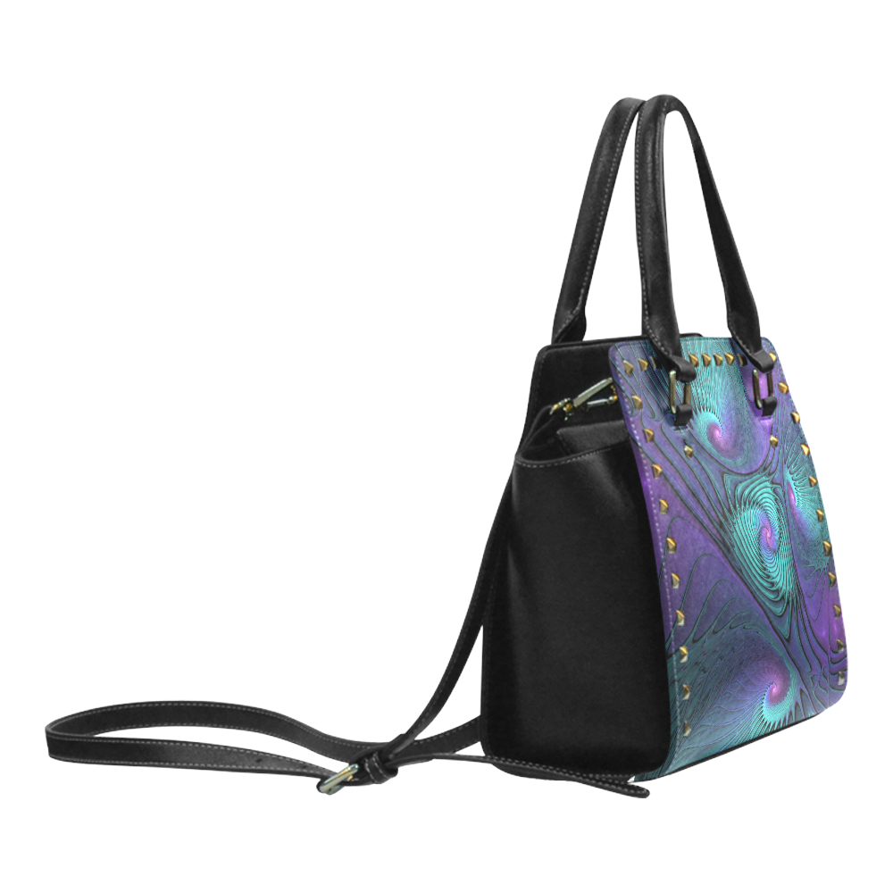Purple meets Turquoise modern abstract Fractal Art Rivet Shoulder Handbag (Model 1645)
