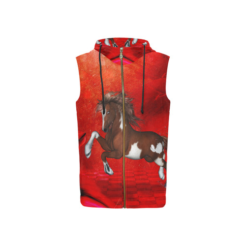 Wild horse on red background All Over Print Sleeveless Zip Up Hoodie for Women (Model H16)