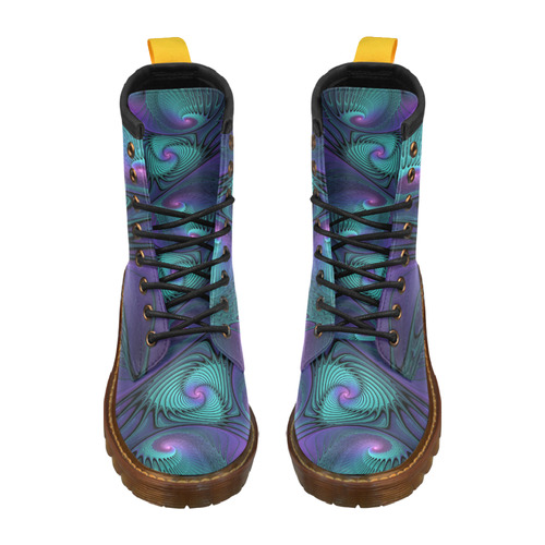 Purple meets Turquoise modern abstract Fractal Art High Grade PU Leather Martin Boots For Men Model 402H