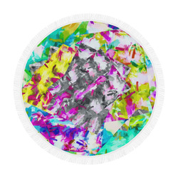 camouflage psychedelic splash painting abstract in pink blue yellow green purple Circular Beach Shawl 59"x 59"