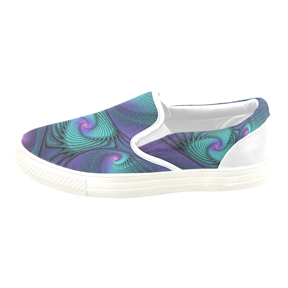 Purple meets Turquoise modern abstract Fractal Art Women's Unusual Slip-on Canvas Shoes (Model 019)