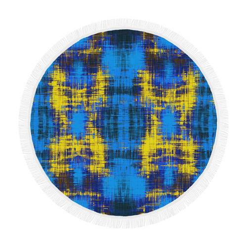 geometric plaid pattern painting abstract in blue yellow and black Circular Beach Shawl 59"x 59"
