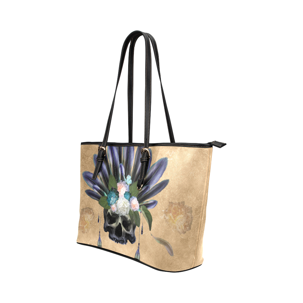 Cool skull with feathers and flowers Leather Tote Bag/Large (Model 1651)