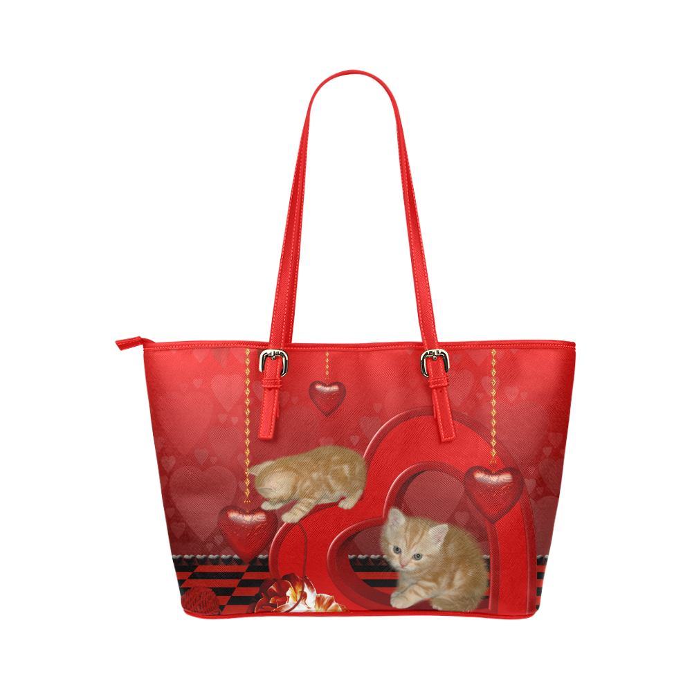 Cute kitten with hearts Leather Tote Bag/Large (Model 1651)