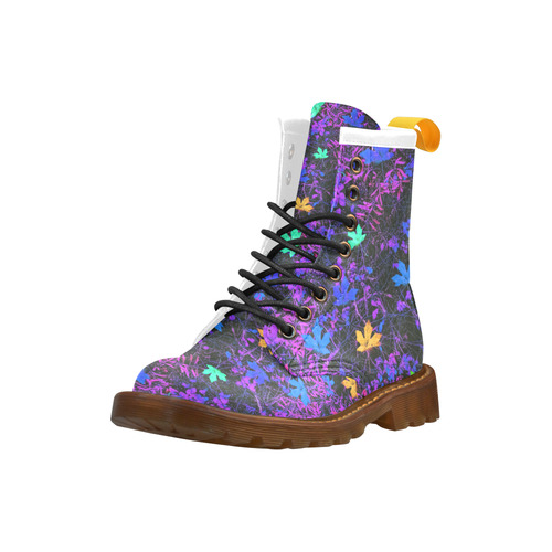 maple leaf in pink blue green yellow purple with pink and purple creepers plants background High Grade PU Leather Martin Boots For Women Model 402H