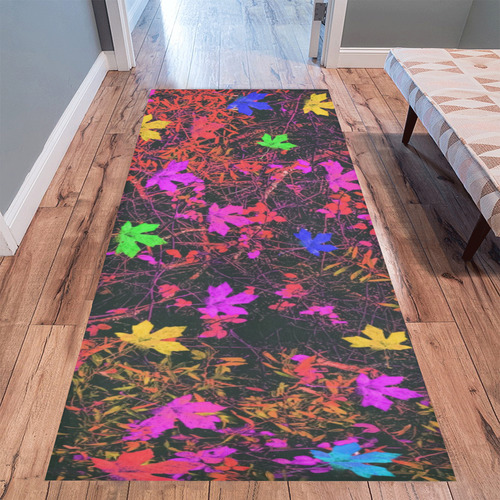 maple leaf in yellow green pink blue red with red and orange creepers plants background Area Rug 9'6''x3'3''