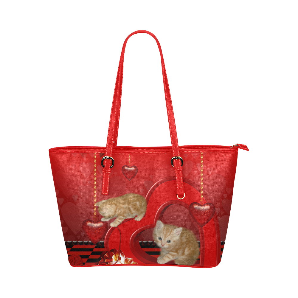 Cute kitten with hearts Leather Tote Bag/Large (Model 1651)