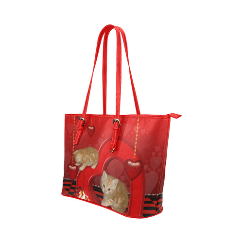 Cute kitten with hearts Leather Tote Bag/Large (Model 1651)