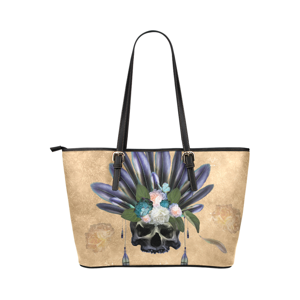 Cool skull with feathers and flowers Leather Tote Bag/Large (Model 1651)
