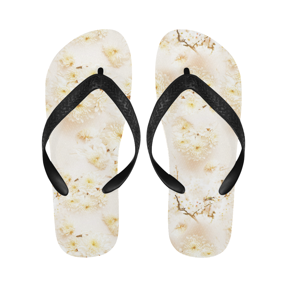 Lost in Antique White Flowers Flip Flops for Men/Women (Model 040)