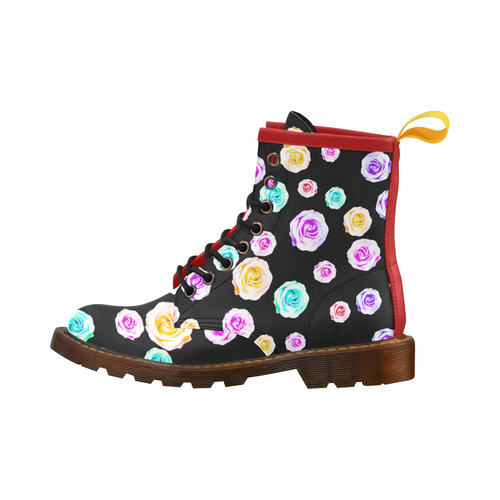 colorful roses in pink purple green yellow with black background High Grade PU Leather Martin Boots For Women Model 402H