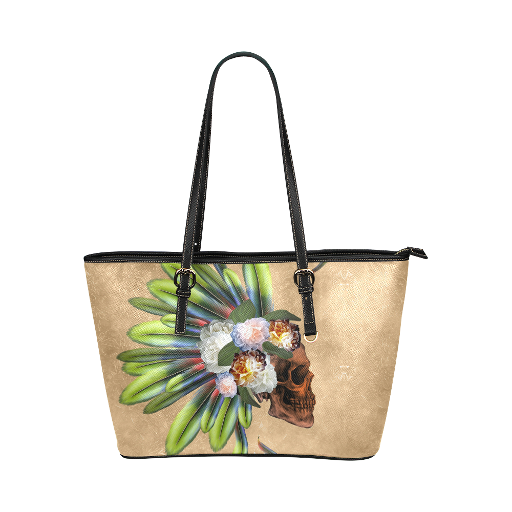 Amazing skull with feathers and flowers Leather Tote Bag/Large (Model 1651)