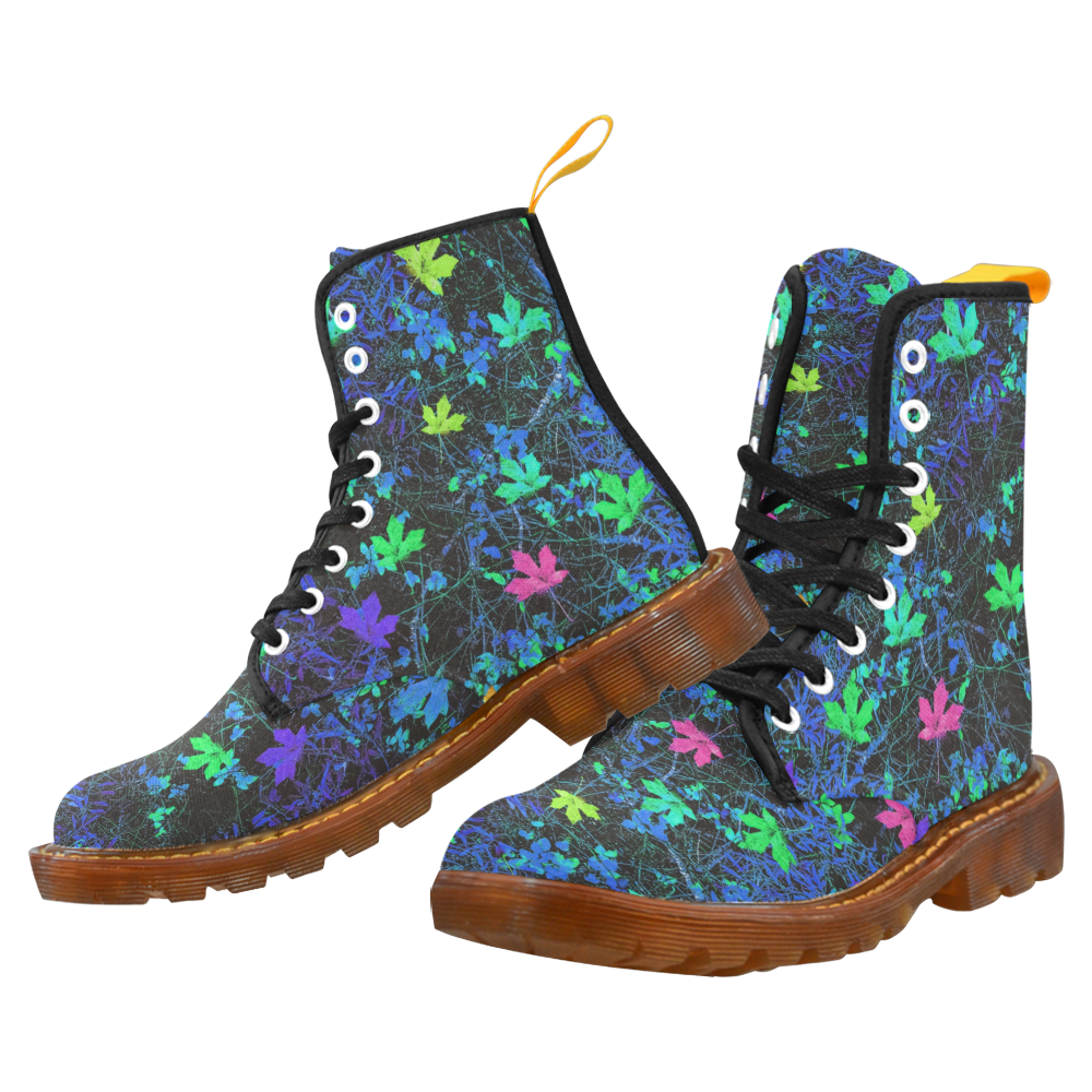 maple leaf in pink green purple blue yellow with blue creepers plants background Martin Boots For Women Model 1203H