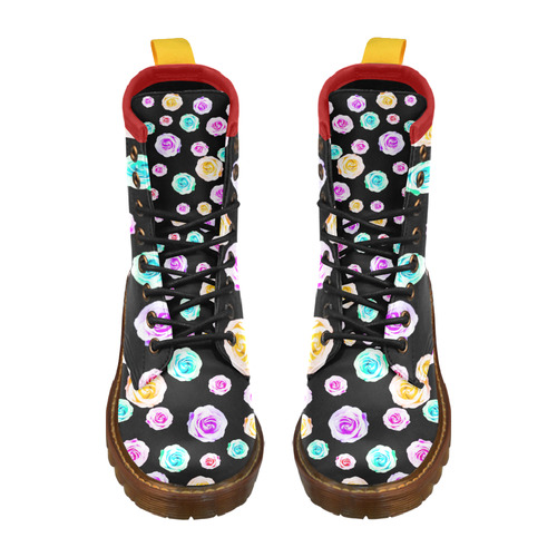colorful roses in pink purple green yellow with black background High Grade PU Leather Martin Boots For Men Model 402H