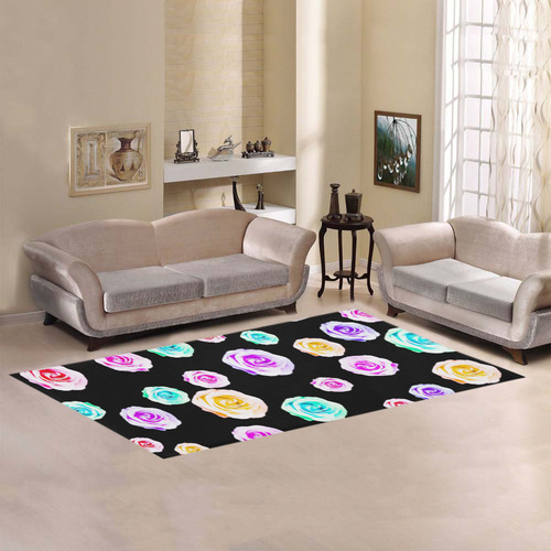 colorful roses in pink purple green yellow with black background Area Rug 7'x3'3''