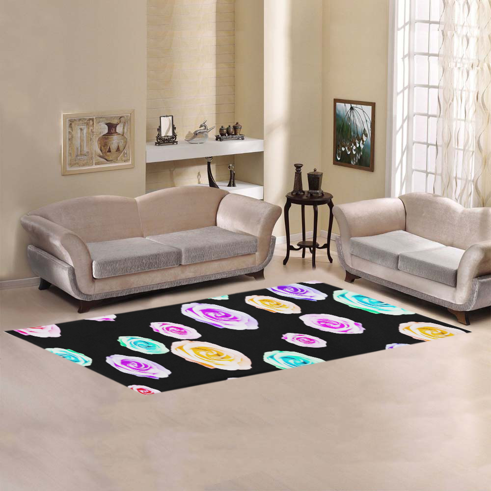 colorful roses in pink purple green yellow with black background Area Rug 9'6''x3'3''