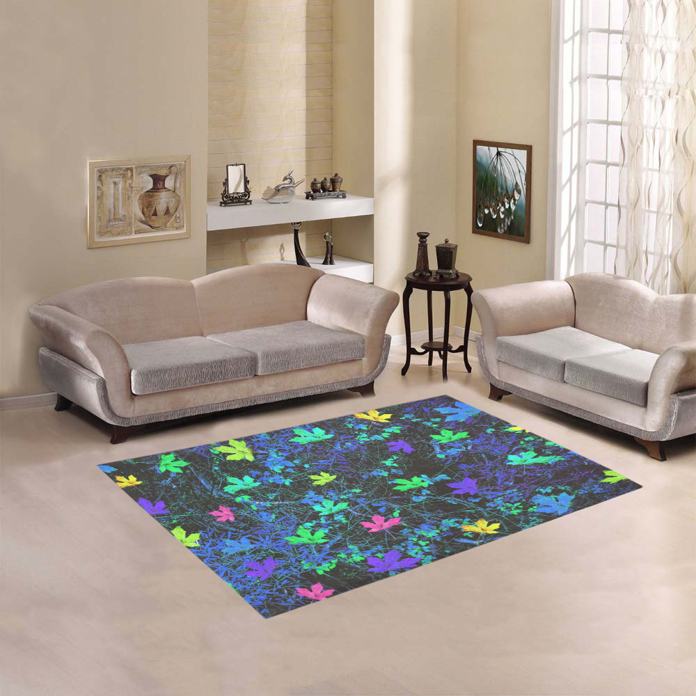 maple leaf in pink green purple blue yellow with blue creepers plants background Area Rug 5'3''x4'