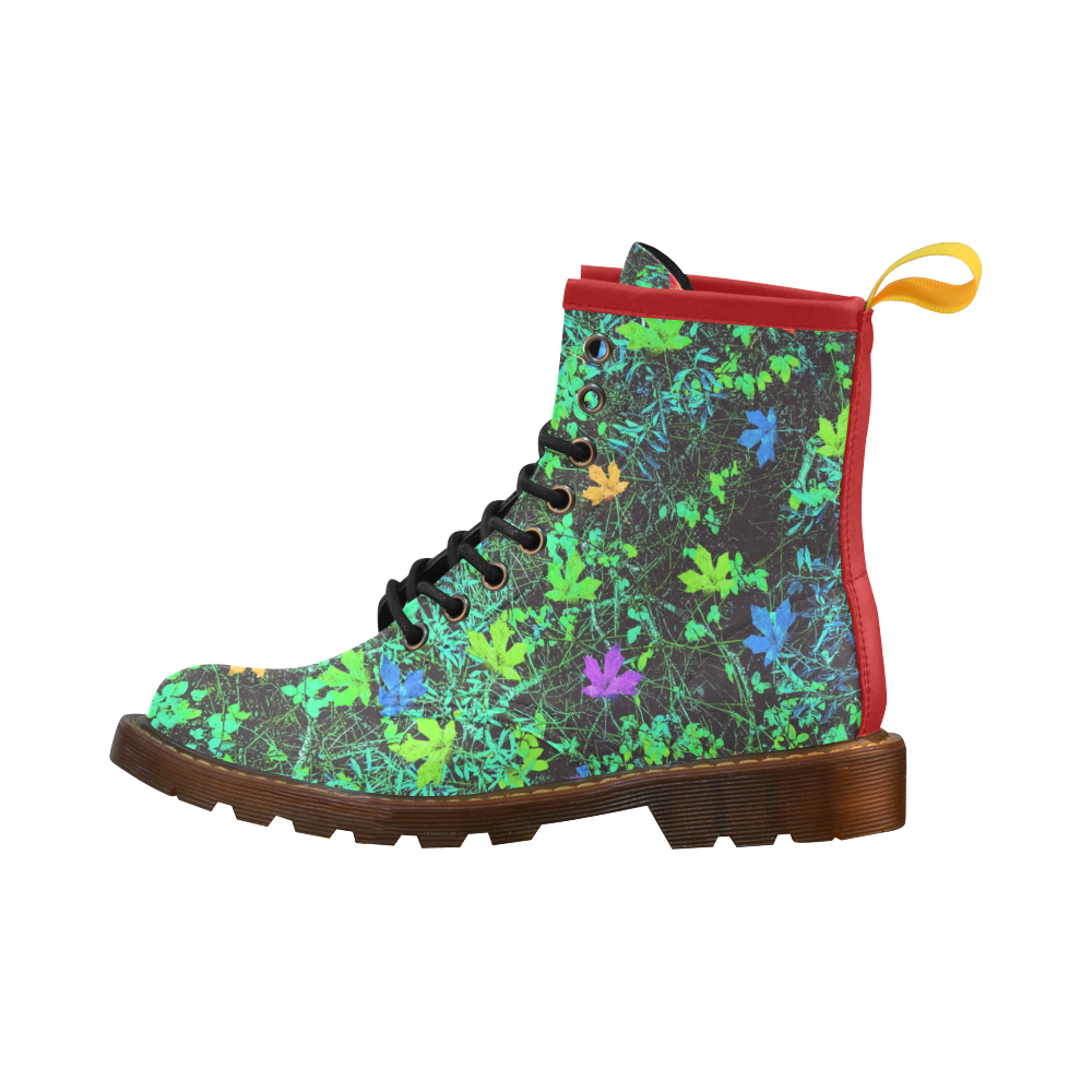 maple leaf in pink blue green yellow orange with green creepers plants background High Grade PU Leather Martin Boots For Men Model 402H