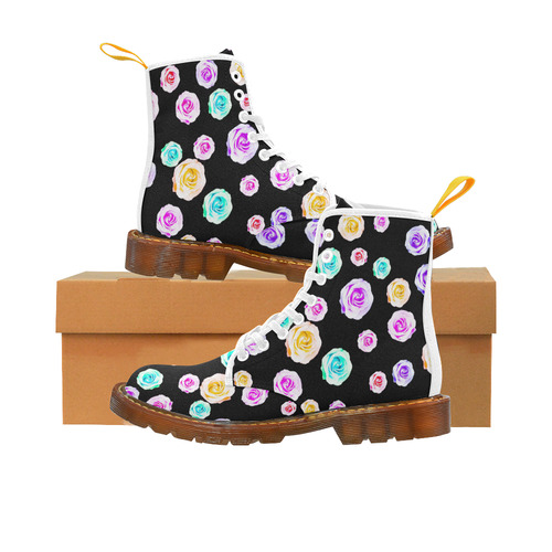 colorful roses in pink purple green yellow with black background Martin Boots For Men Model 1203H