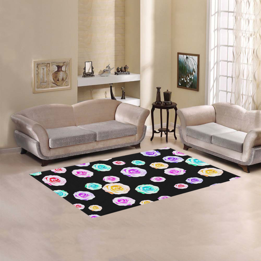colorful roses in pink purple green yellow with black background Area Rug 5'x3'3''