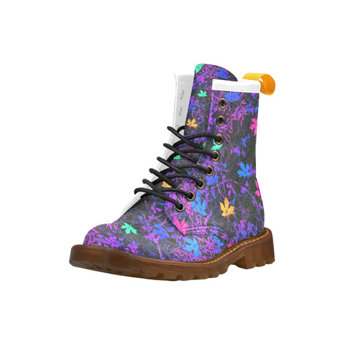 maple leaf in pink blue green yellow purple with pink and purple creepers plants background High Grade PU Leather Martin Boots For Men Model 402H
