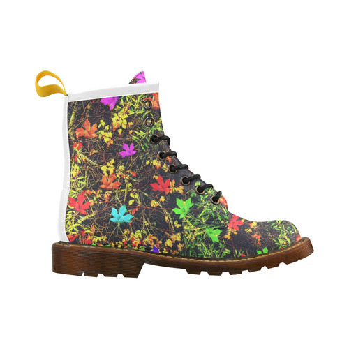 maple leaf in blue red green yellow pink orange with green creepers plants background High Grade PU Leather Martin Boots For Women Model 402H