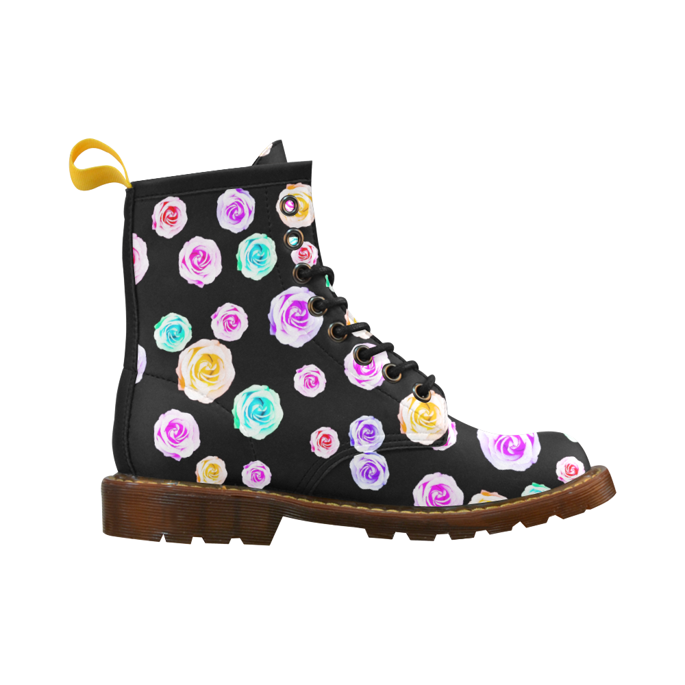 colorful roses in pink purple green yellow with black background High Grade PU Leather Martin Boots For Women Model 402H