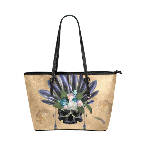 Cool skull with feathers and flowers Leather Tote Bag/Large (Model 1651)