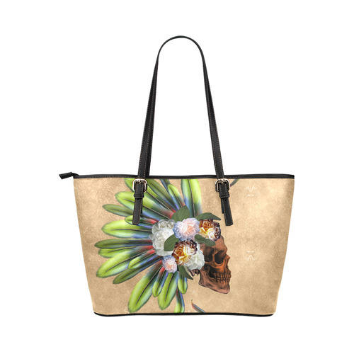 Amazing skull with feathers and flowers Leather Tote Bag/Large (Model 1651)