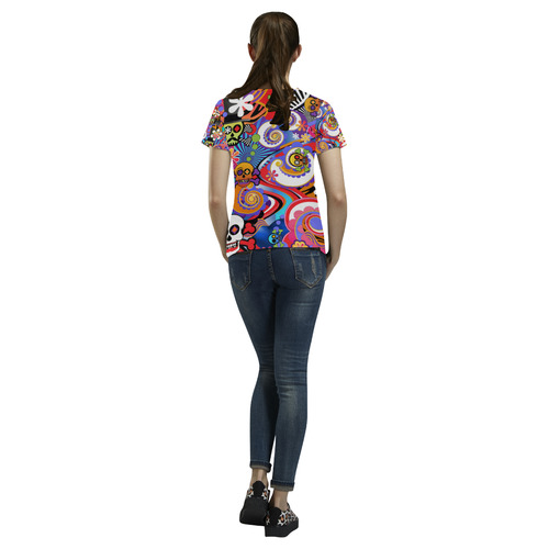 Ladies T Shirt Sugar Skull Pop Art Colorful Print All Over Print T-Shirt for Women (USA Size) (Model T40)