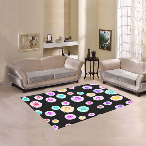 colorful roses in pink purple green yellow with black background Area Rug 5'3''x4'