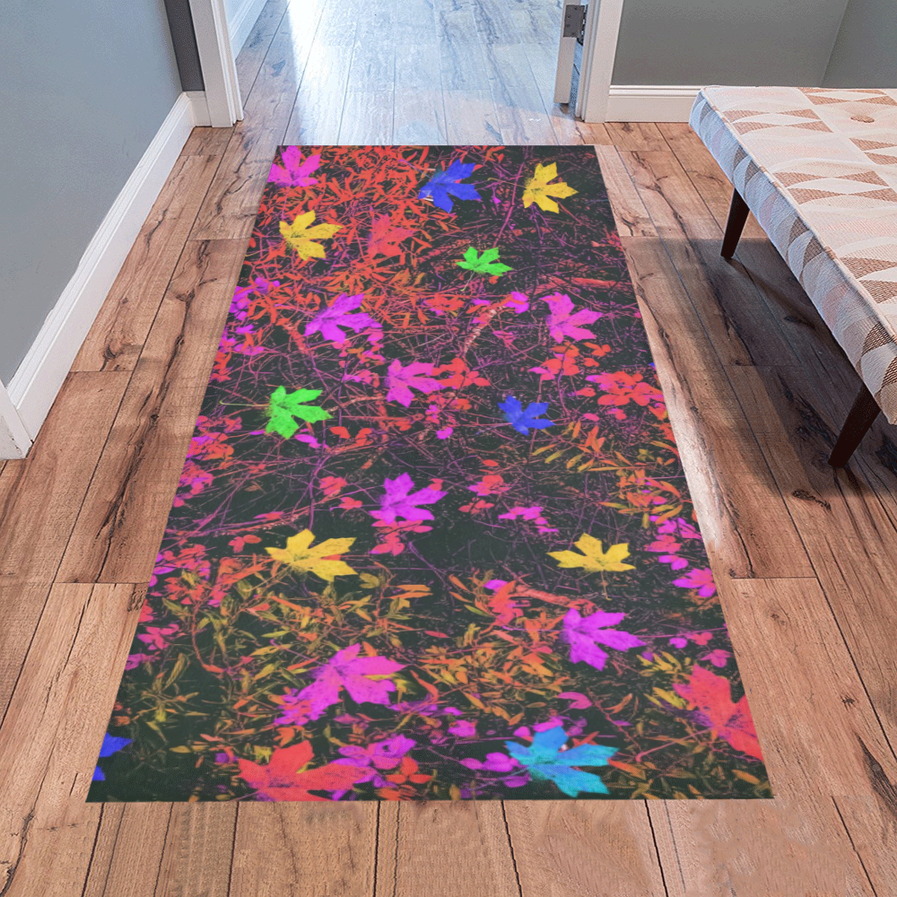 maple leaf in yellow green pink blue red with red and orange creepers plants background Area Rug 7'x3'3''