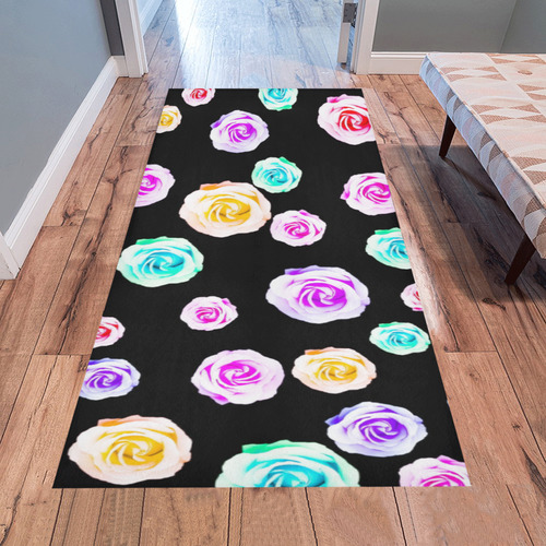 colorful roses in pink purple green yellow with black background Area Rug 7'x3'3''