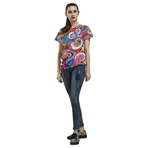Ladies T Shirt Sugar Skull Pop Art Colorful Print All Over Print T-Shirt for Women (USA Size) (Model T40)
