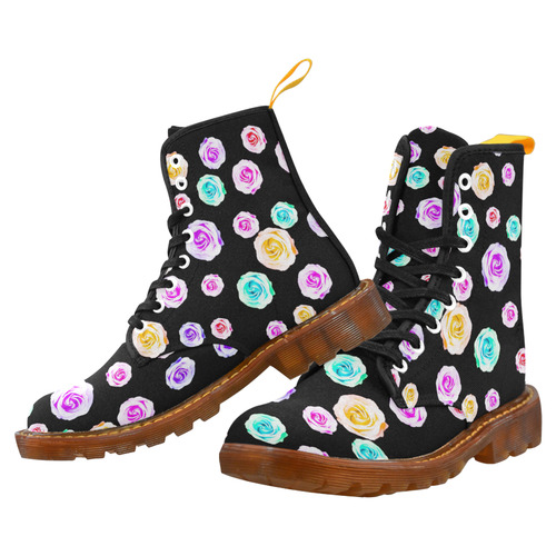colorful roses in pink purple green yellow with black background Martin Boots For Women Model 1203H