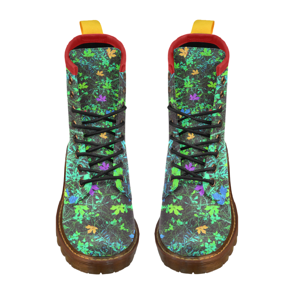 maple leaf in pink blue green yellow orange with green creepers plants background High Grade PU Leather Martin Boots For Men Model 402H