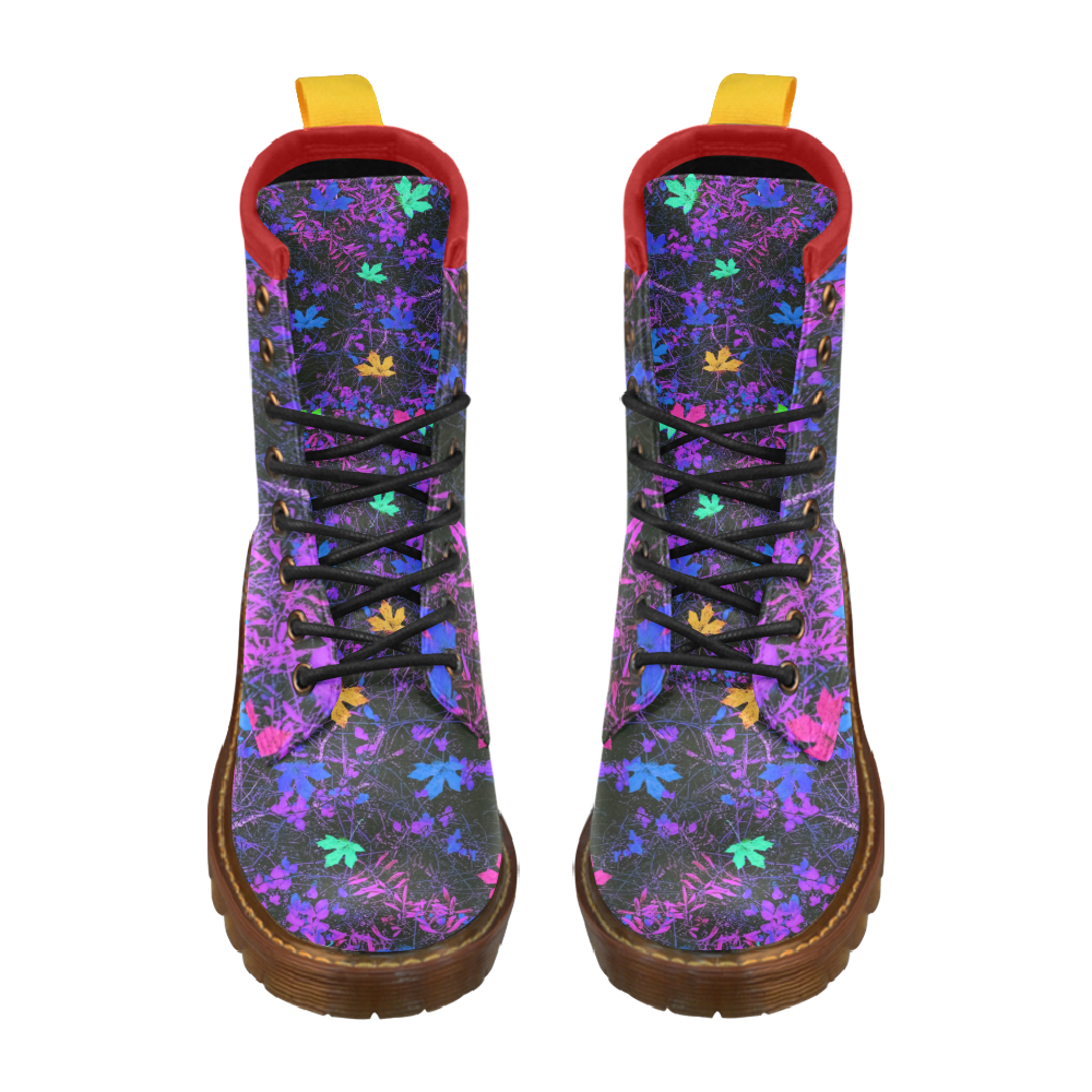 maple leaf in pink blue green yellow purple with pink and purple creepers plants background High Grade PU Leather Martin Boots For Men Model 402H
