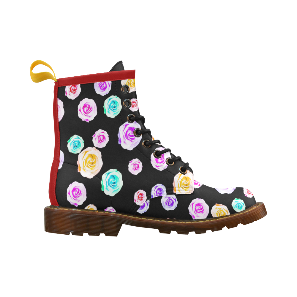colorful roses in pink purple green yellow with black background High Grade PU Leather Martin Boots For Men Model 402H