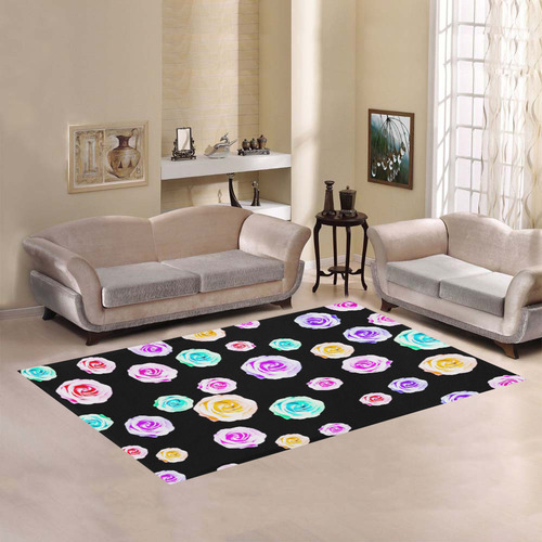 colorful roses in pink purple green yellow with black background Area Rug7'x5'