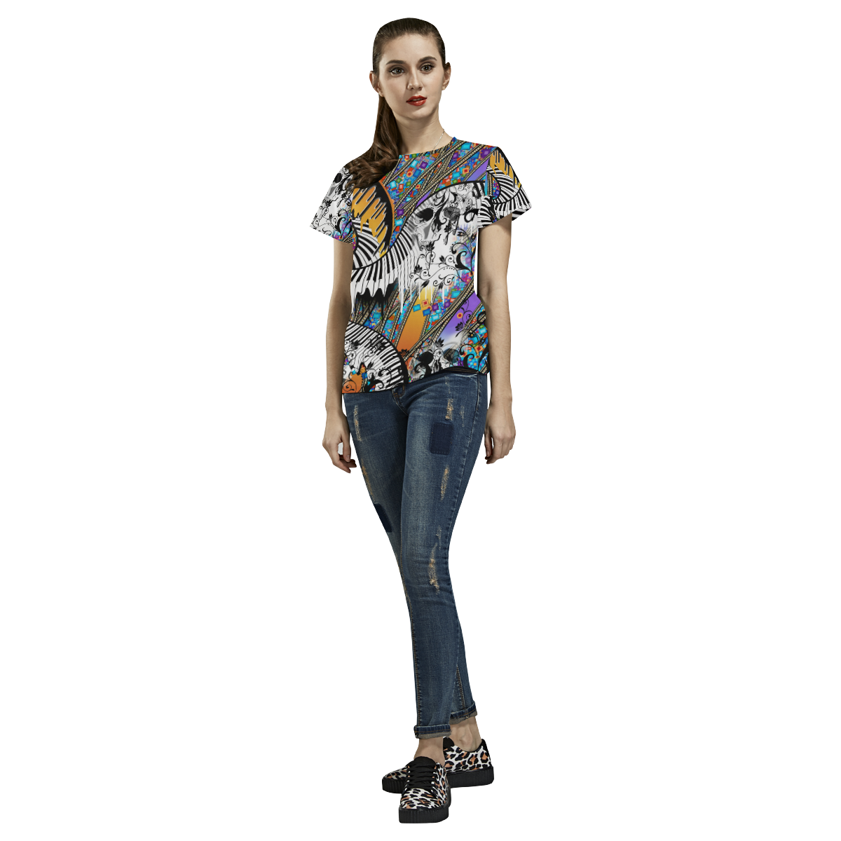 Ladies Skull Chain Colorful T Shirt All Over Print T-Shirt for Women (USA Size) (Model T40)