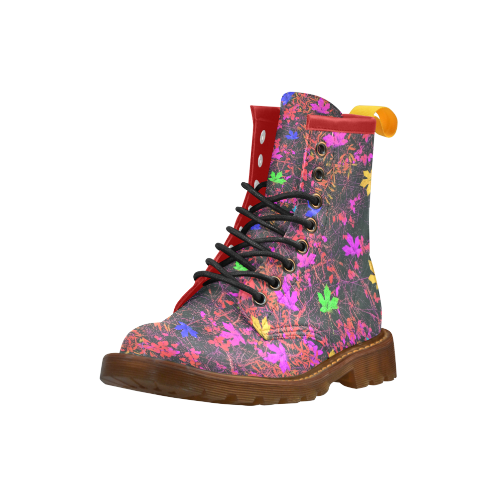 maple leaf in yellow green pink blue red with red and orange creepers plants background High Grade PU Leather Martin Boots For Men Model 402H