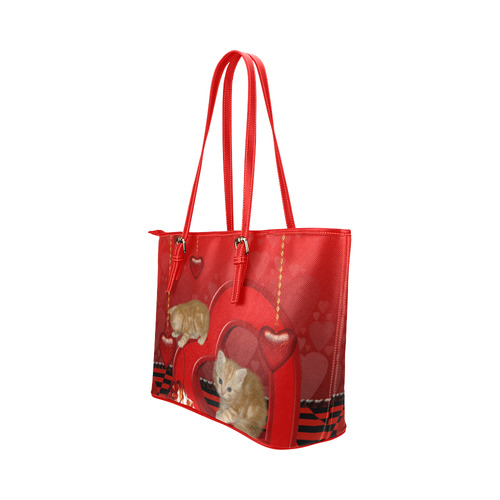 Cute kitten with hearts Leather Tote Bag/Large (Model 1651)