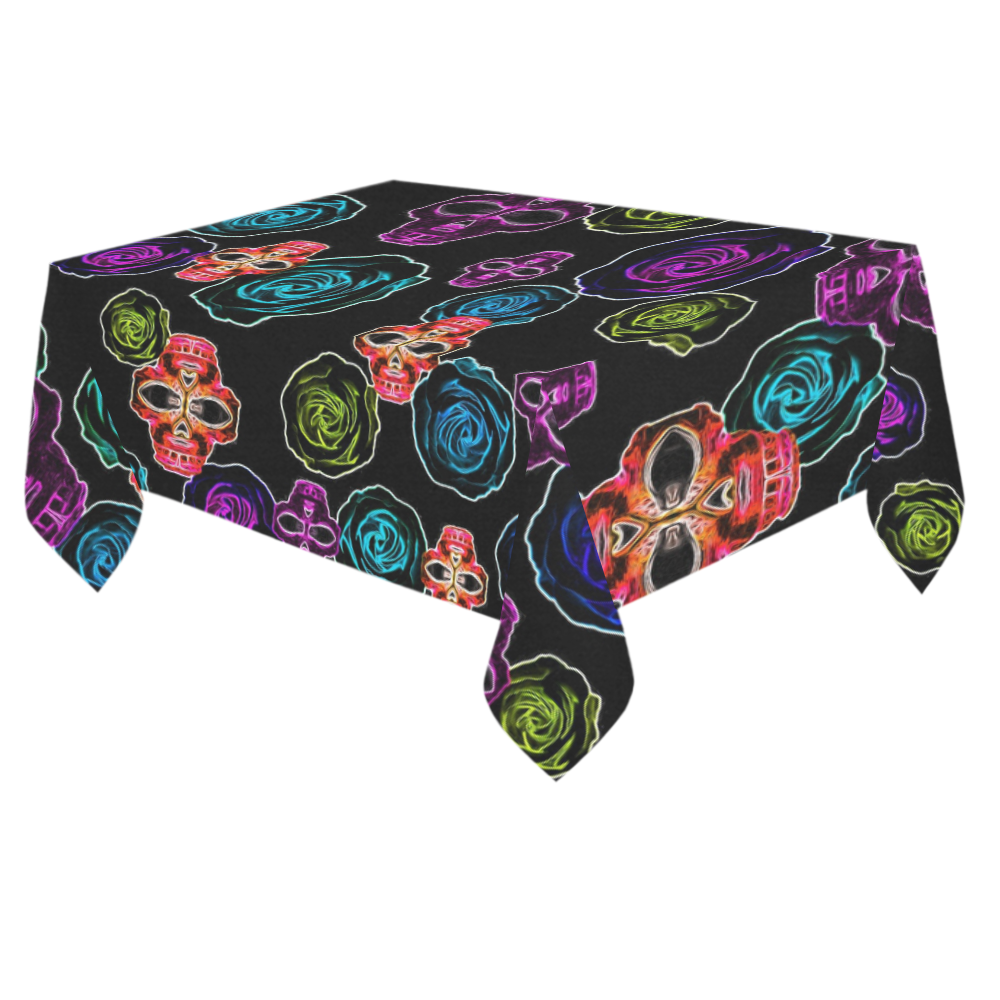 skull art portrait and roses in pink purple blue yellow with black background Cotton Linen Tablecloth 60"x 84"