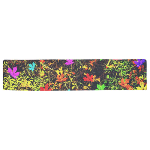maple leaf in blue red green yellow pink orange with green creepers plants background Table Runner 16x72 inch